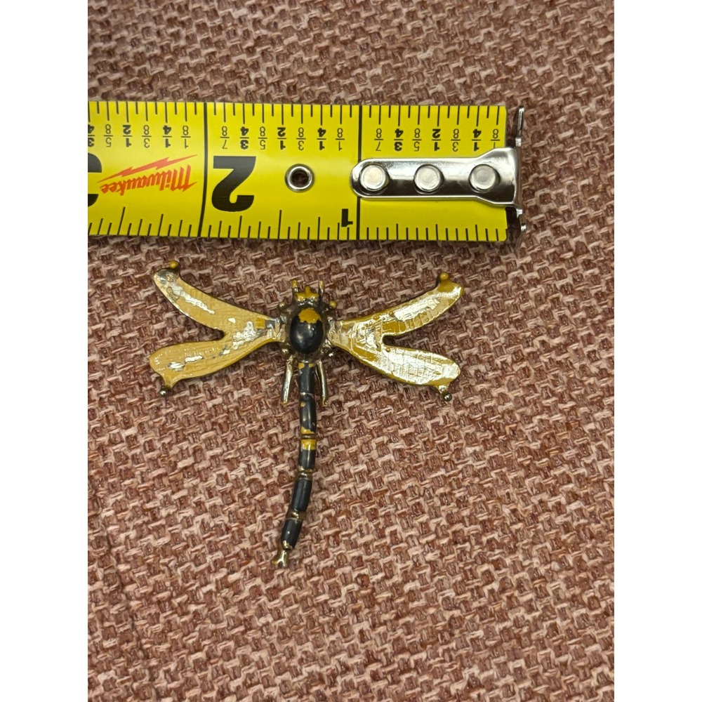 Vintage Dragonfly Brooch Yellow Black Enamel Insect Pin Distressed Jewelry - Picture 4 of 5